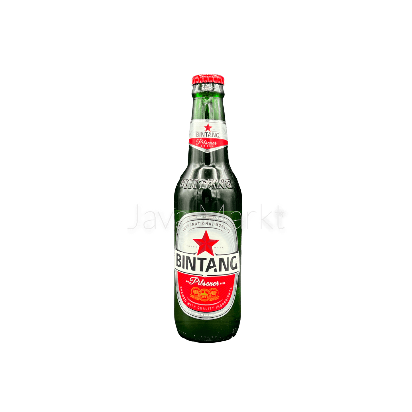 Bierflasche von Bir Bintang, Vanka Kawat, auf einem Holztisch, mit goldener Farbe und typischem Label sichtbar