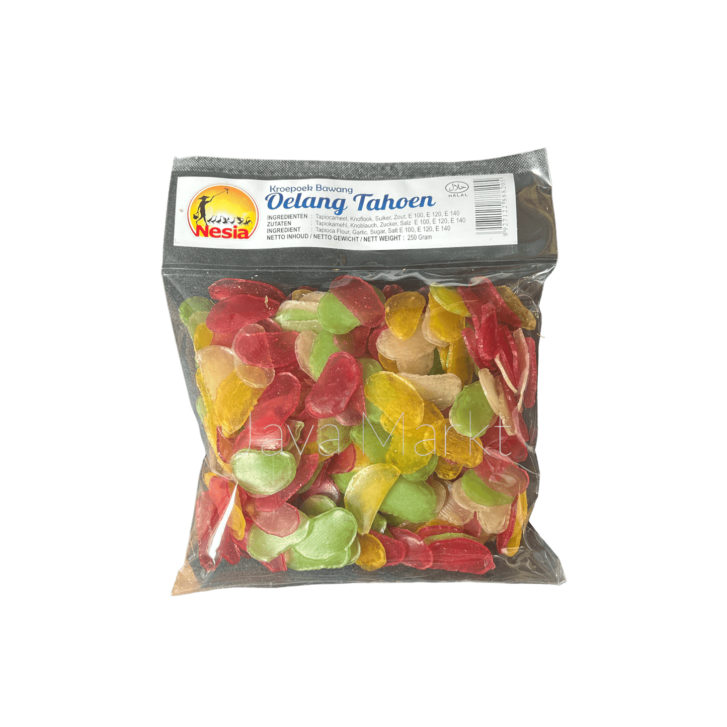 Knusprige Zwiebel-Krupuk von Nesia Food, traditionelle Chips mit aromatischem Zwiebelgeschmack, in der Verpackung sichtbar