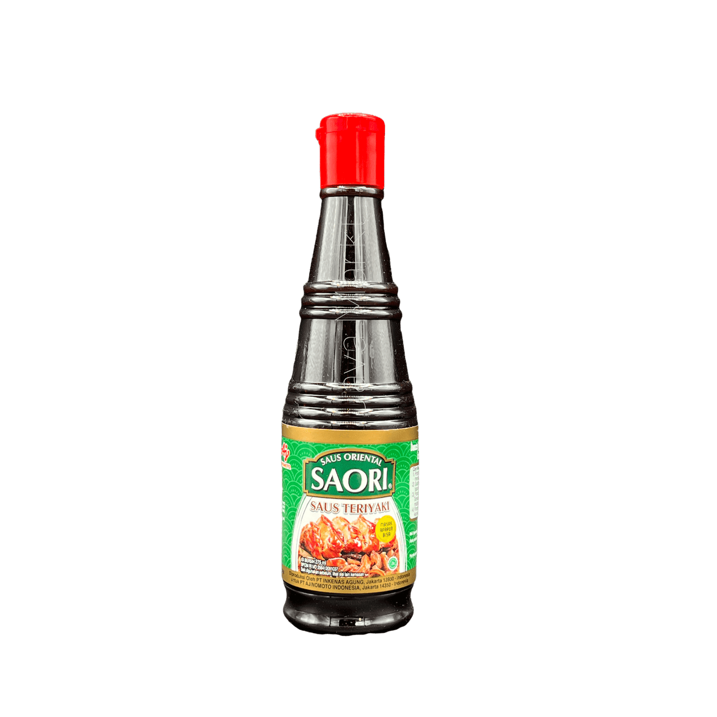 Nesia Saori Teriyaki Sojasauce in Flasche, ideal für asiatische Gerichte, mit dunkler, glänzender Oberfläche, auf einem Küchenhintergrund
