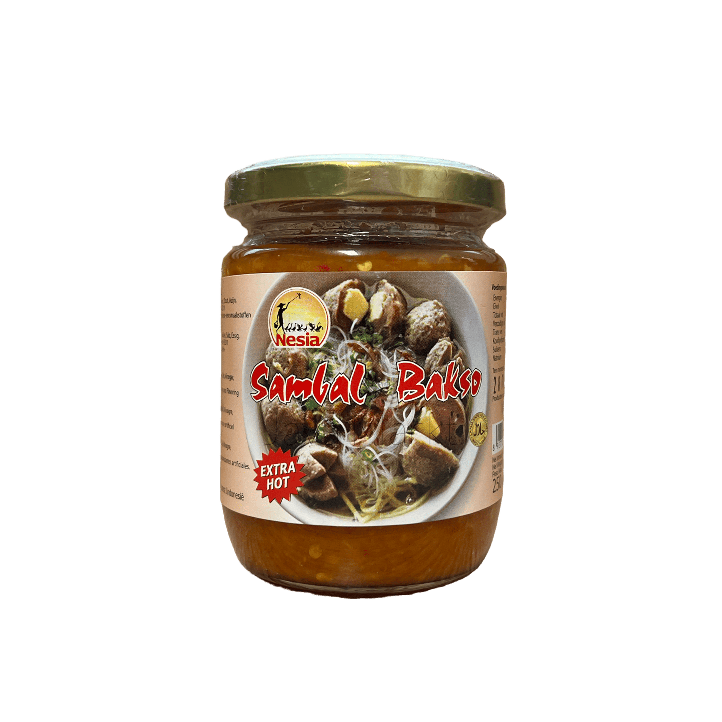 Sambal Bakso Extra Hot von Nesia Food, scharfe Chili-Sauce in Glasflasche, ideal für asiatische Gerichte, zeigt die Sauce in Flasche