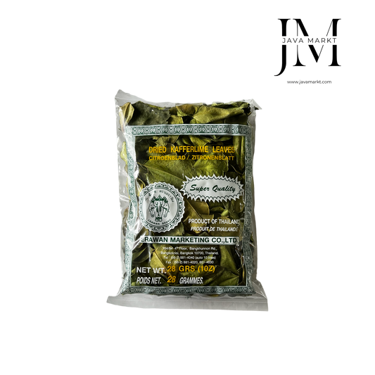 Getrocknete Zitronenblätter von Vanka Kawat, Kräuter & Gewürze, für aromatische Gerichte, in einer transparenten Verpackung.