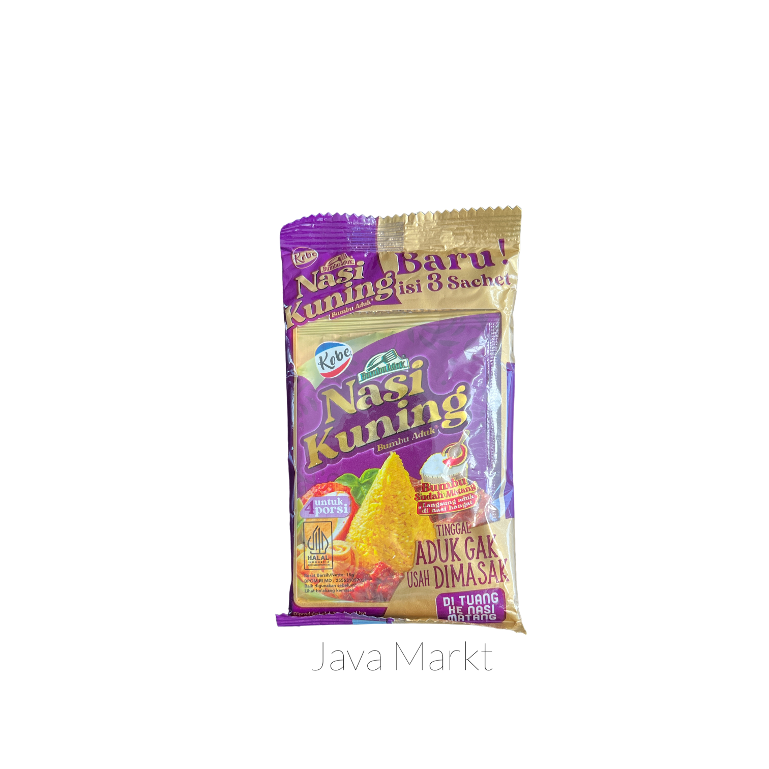 Vanka Kawat Kobe Bumbu Aduk Nasi Kuning, Kochzutaten für aromatisches indonesisches Reisgericht, in Verpackung sichtbar