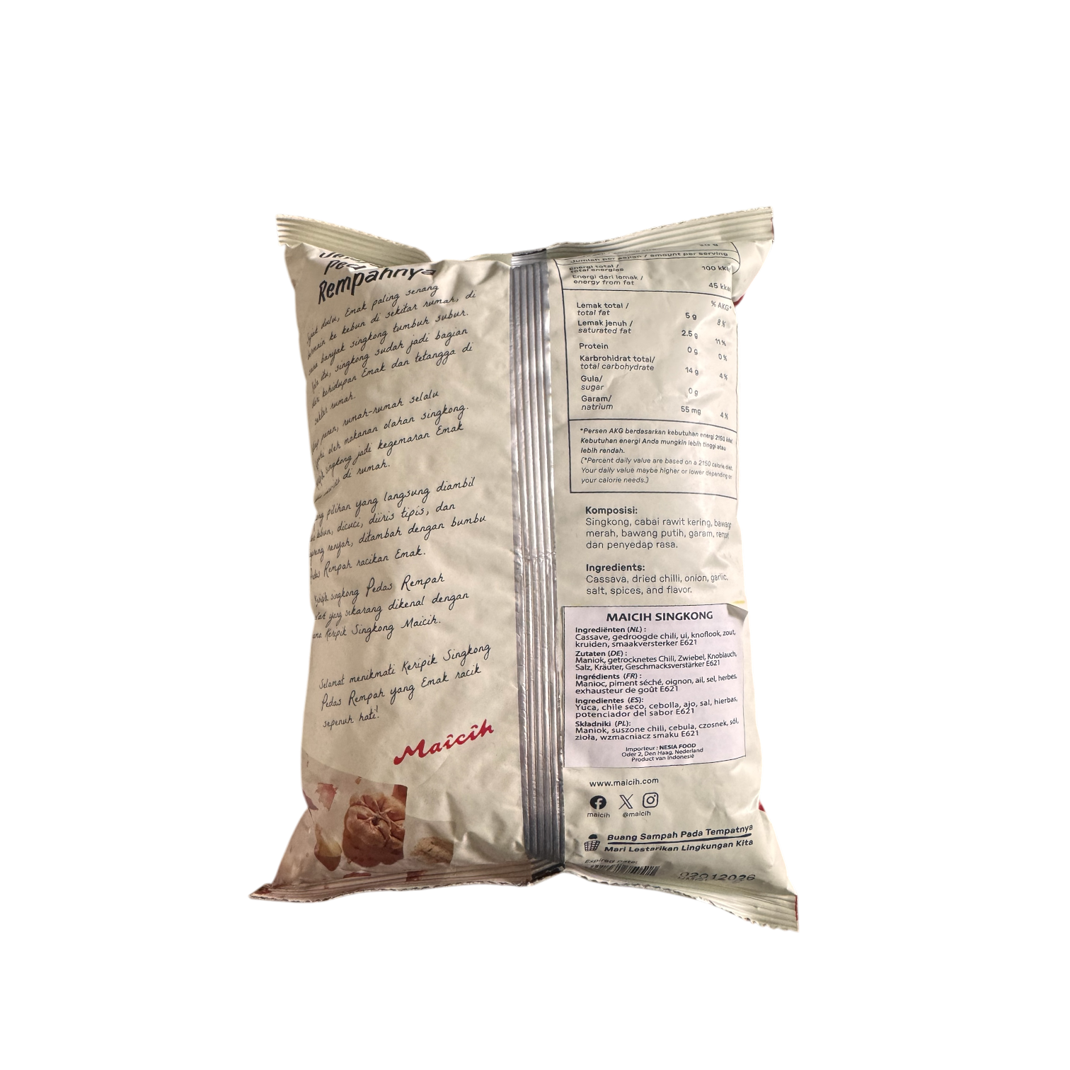 Mild Maicih Maniokchips Nesia Food, knusprige Chips mit mildem Geschmack, in Verpackung sichtbar.