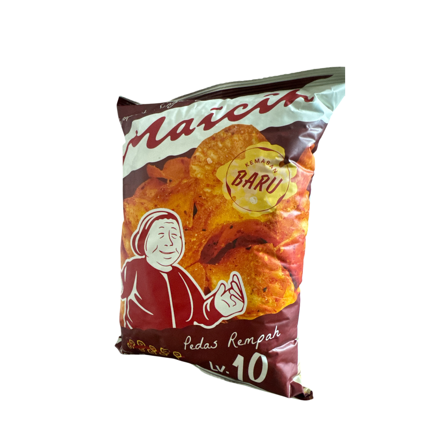 Knusprige Maicih Cassava Chips Level 10 von Nesia Food, beliebte Vorspeisen und Snacks, in einer Packung auf einem Tisch.