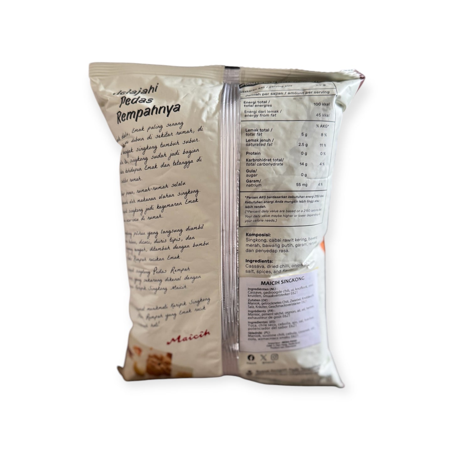Knusprige Maicih Cassava Chips Level 10 von Nesia Food, beliebte Vorspeisen und Snacks auf einem weißen Teller.