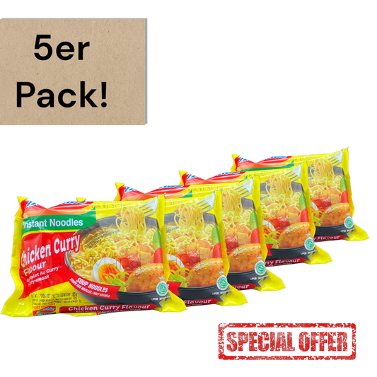 Vanka Kawat Indomie Kari Ayam Instant-Nudeln im 5er Pack, mit würziger Curry-Hühnchen-Geschmacksrichtung, Nahaufnahme