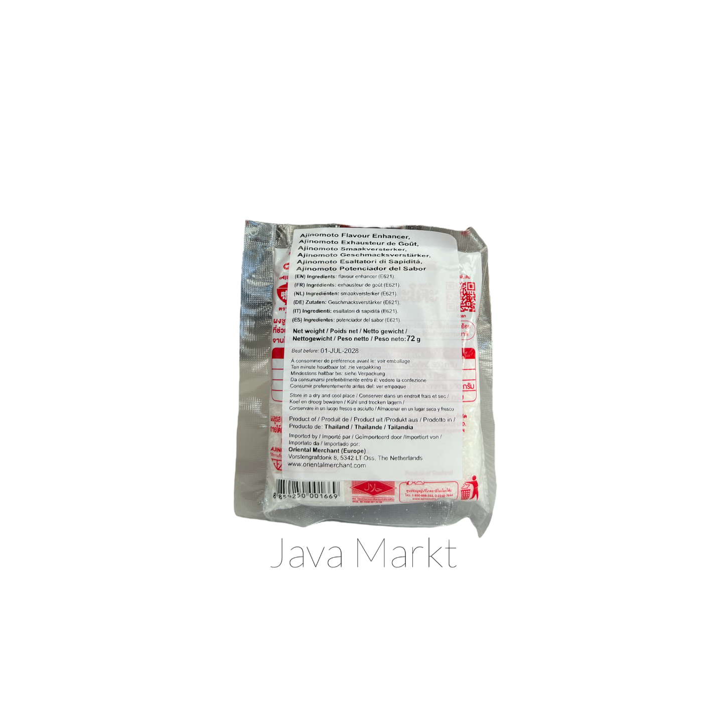 Helle Verpackung mit Ajinomoto Glutamat (MSG) als Kochzutat, Oriental Merchant Marke, in einer Küchenumgebung sichtbar
