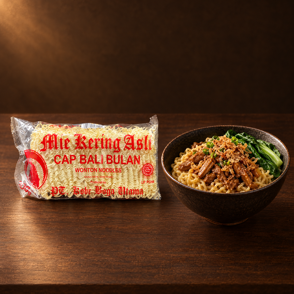 Kobe Mie Kering Asli Cap Bali Bulan 200g – Packung mit Mie Ayam