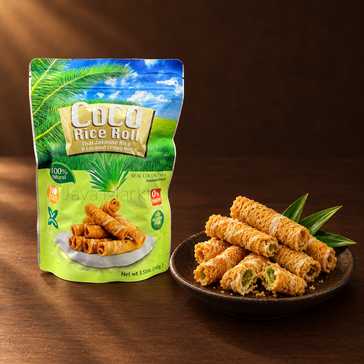 Coco Crispy Rice Roll Pandan 100 g – Packung mit Pandan-Reisröllchen