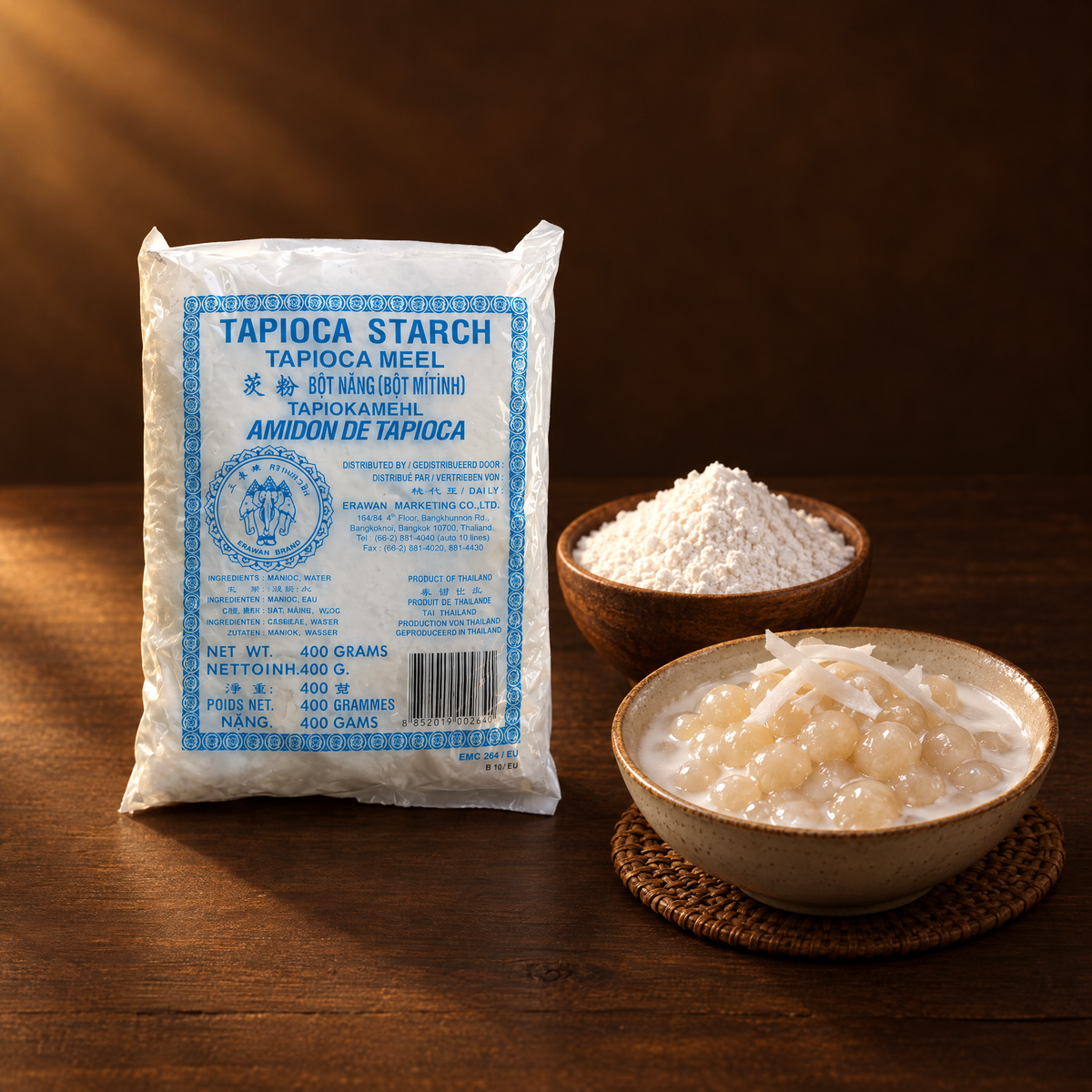 Tepung Tapioka Erawan 400 g – Packung mit Tapiokastärke und Dessert