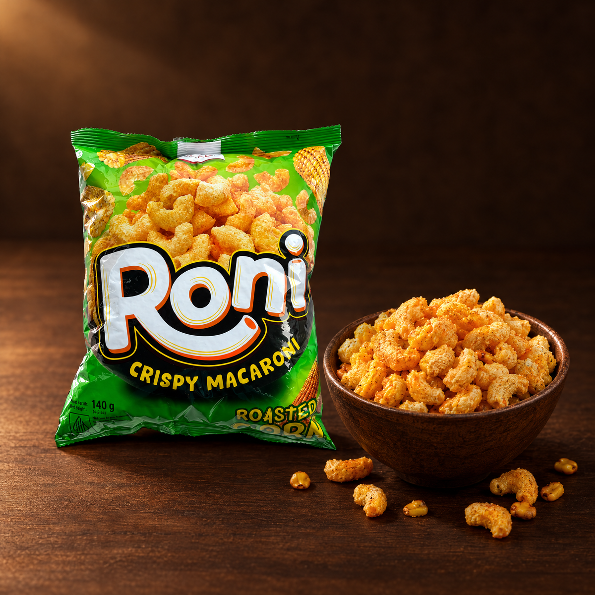RONI Crispy Macaroni Roasted Corn 140 g – Packung mit knusprigem Snack