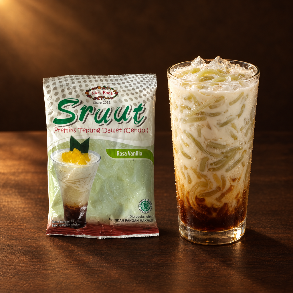 Sruut Tepung Dawet Cendol Rasa Vanilla 85 g – Packung mit Cendol-Drink