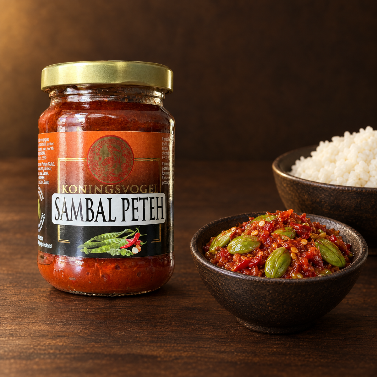 Sambal Peteh Koningsvogel – Glas mit angerichtetem Sambal Peteh