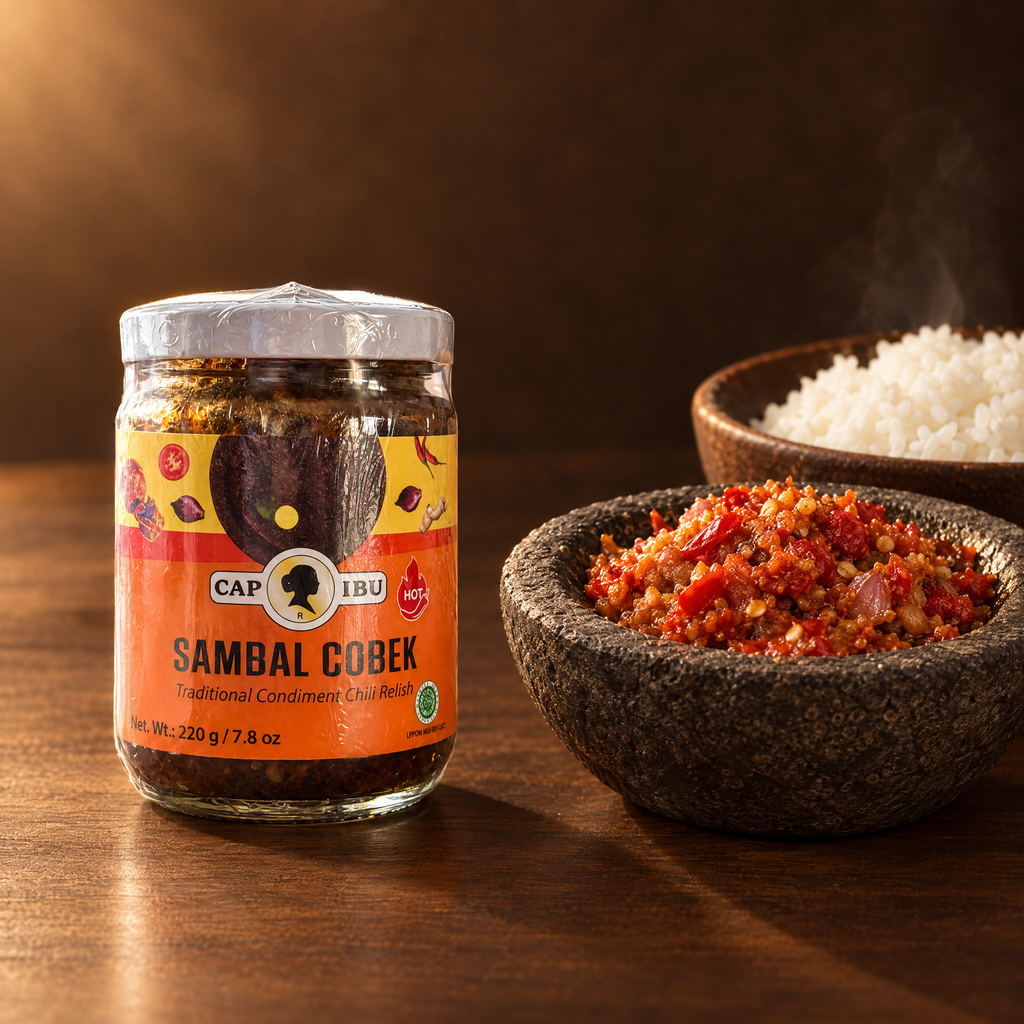 Sambal Cobek Cap Ibu – Glas mit frisch gerührtem Sambal
