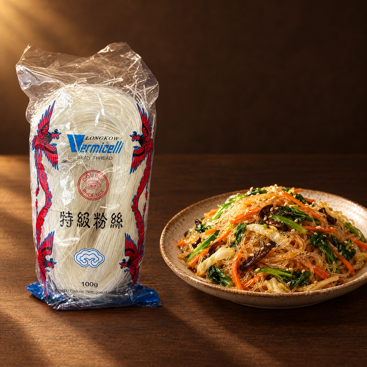 Double Phoenix Mi Soun Glasnudeln 100 g – Packung mit zubereiteten Glasnudeln