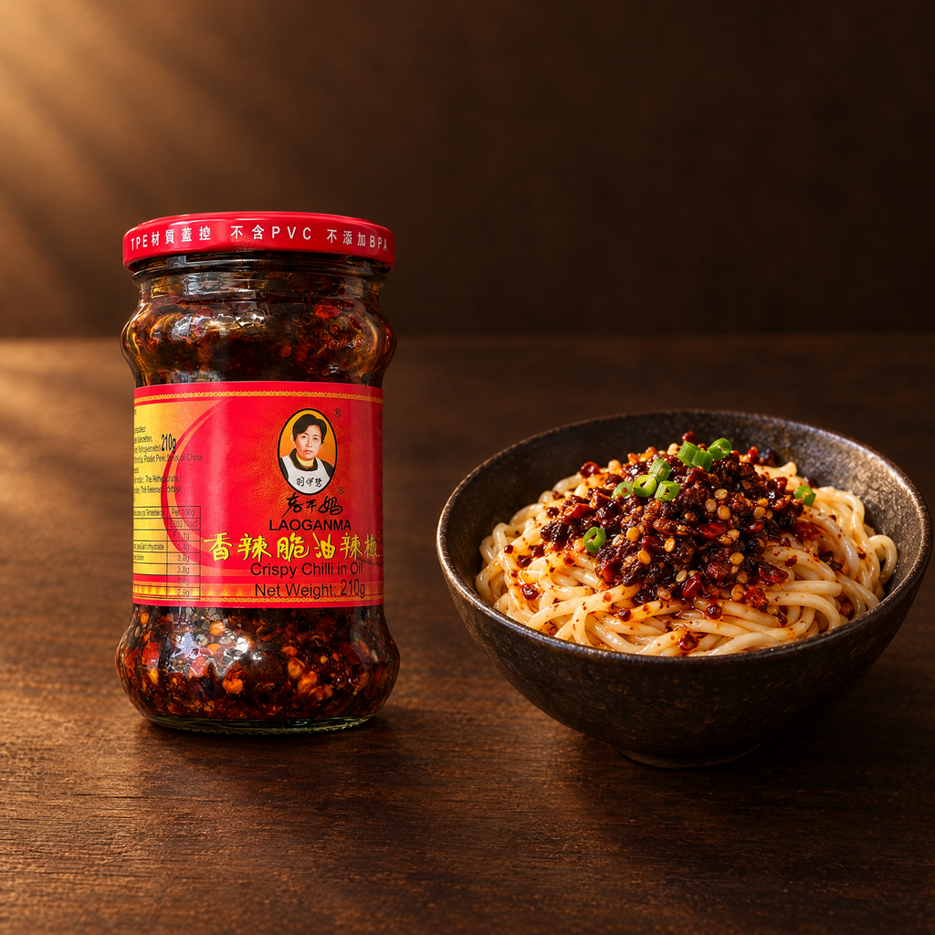 Laoganma Crispy Chilli in Oil 210 g – Glas mit Chiliöl und Nudeln