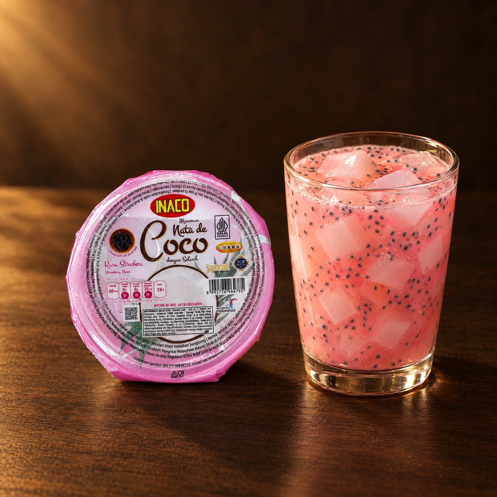 Inaco Nata de Coco Drink Stroberi Selasih 350 ml – Becher mit Getränk