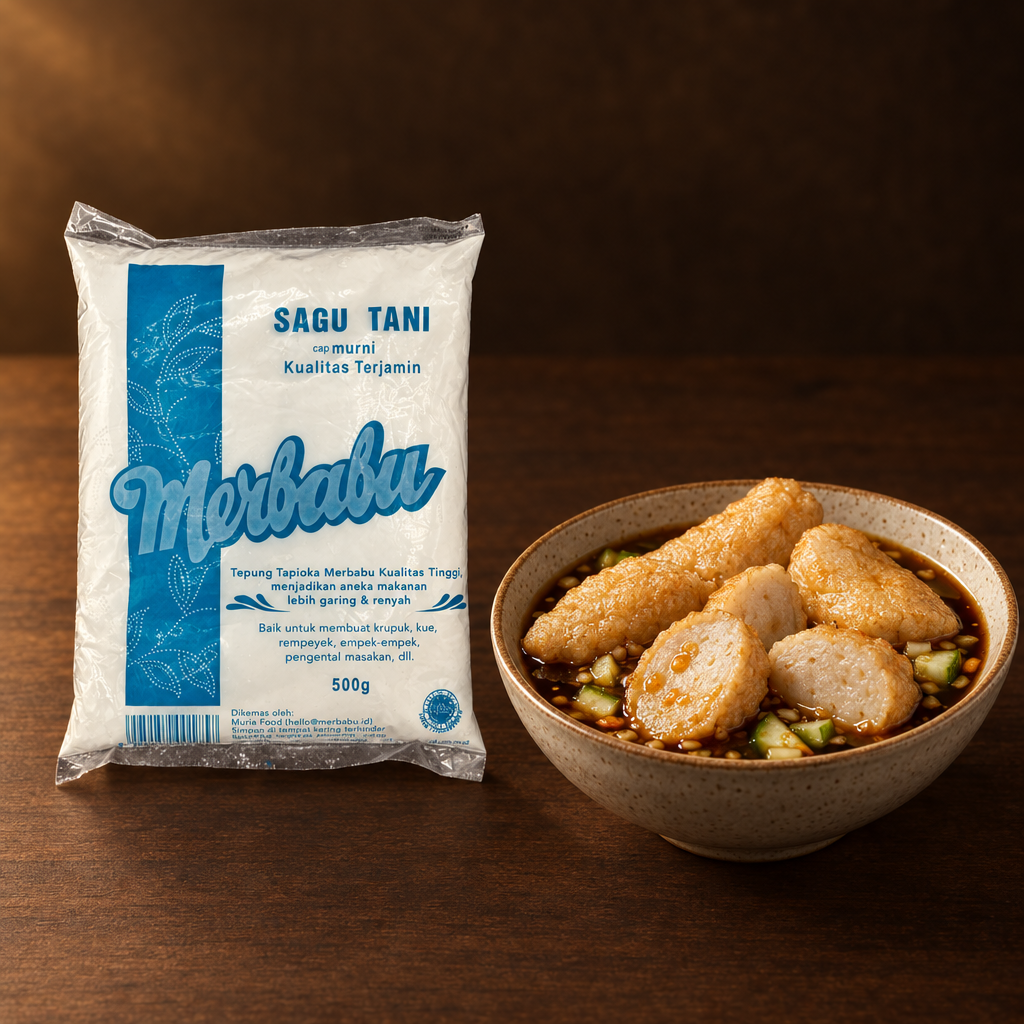 Merbabu Sagu Tani 500g – Packung mit Pempek und Essigsauce