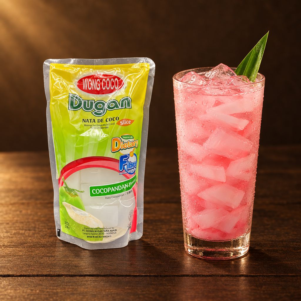 Nata De Coco Slice Rasa Cocopandan 210g – Packung mit Eisgetränk
