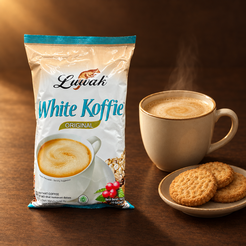 Luwak White Koffie Original 10x20g – Packung mit heißem Kaffee und Gebäck