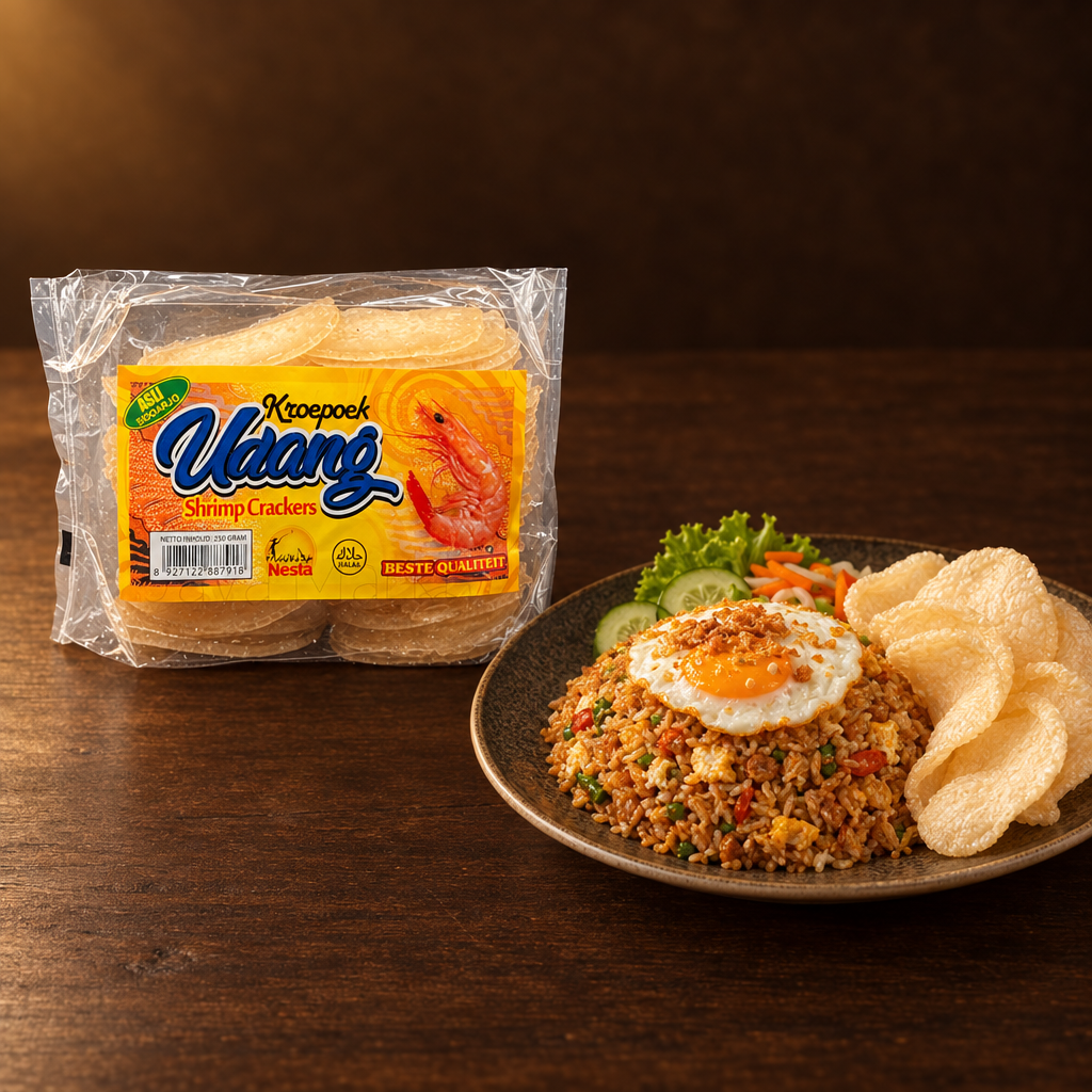 Kerupuk Udang 6 cm 260g – Packung mit Nasi Goreng und Garnelencrackern