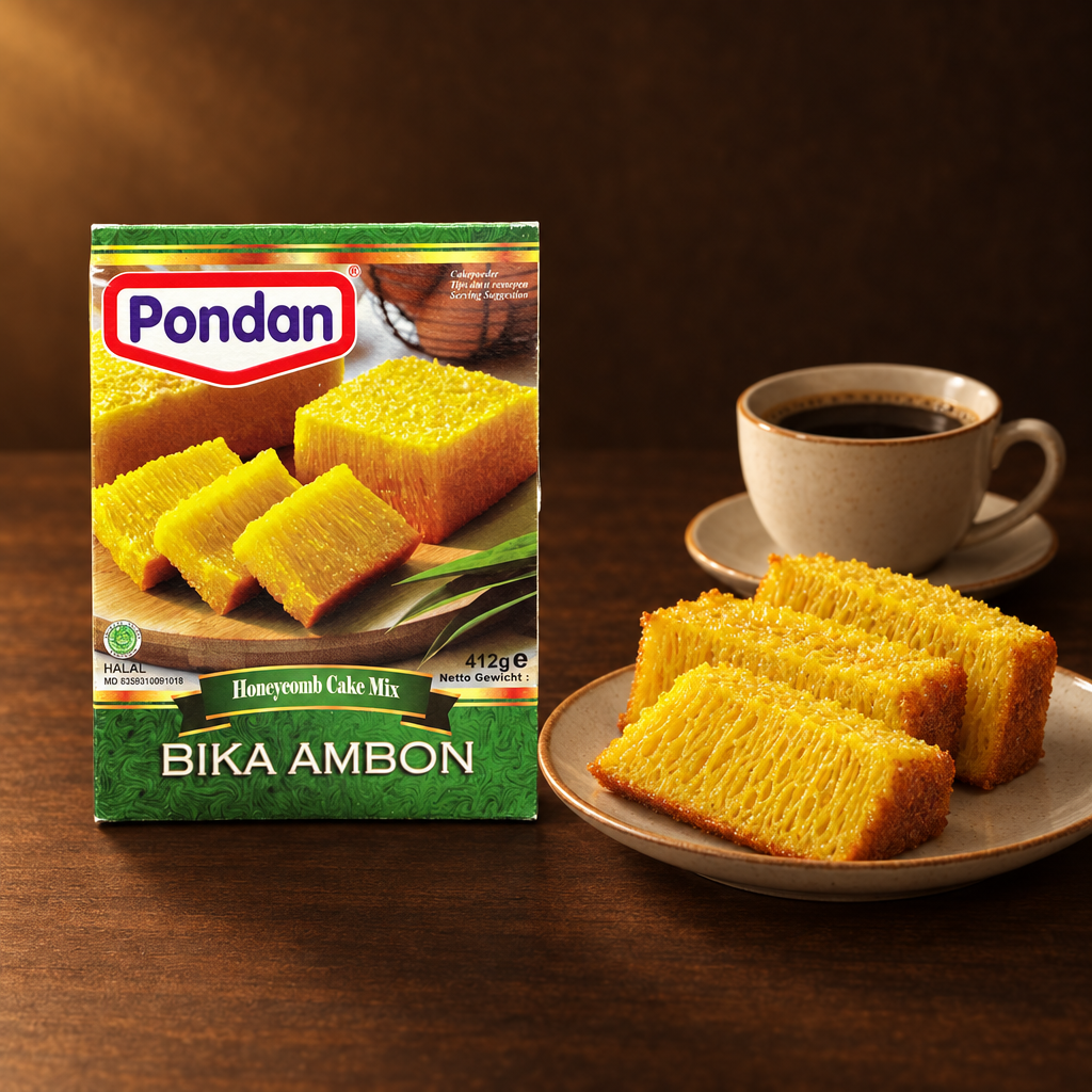 Pondan Bika Ambon Backmischung 412g – Packung mit Kuchenstücken und Kaffee