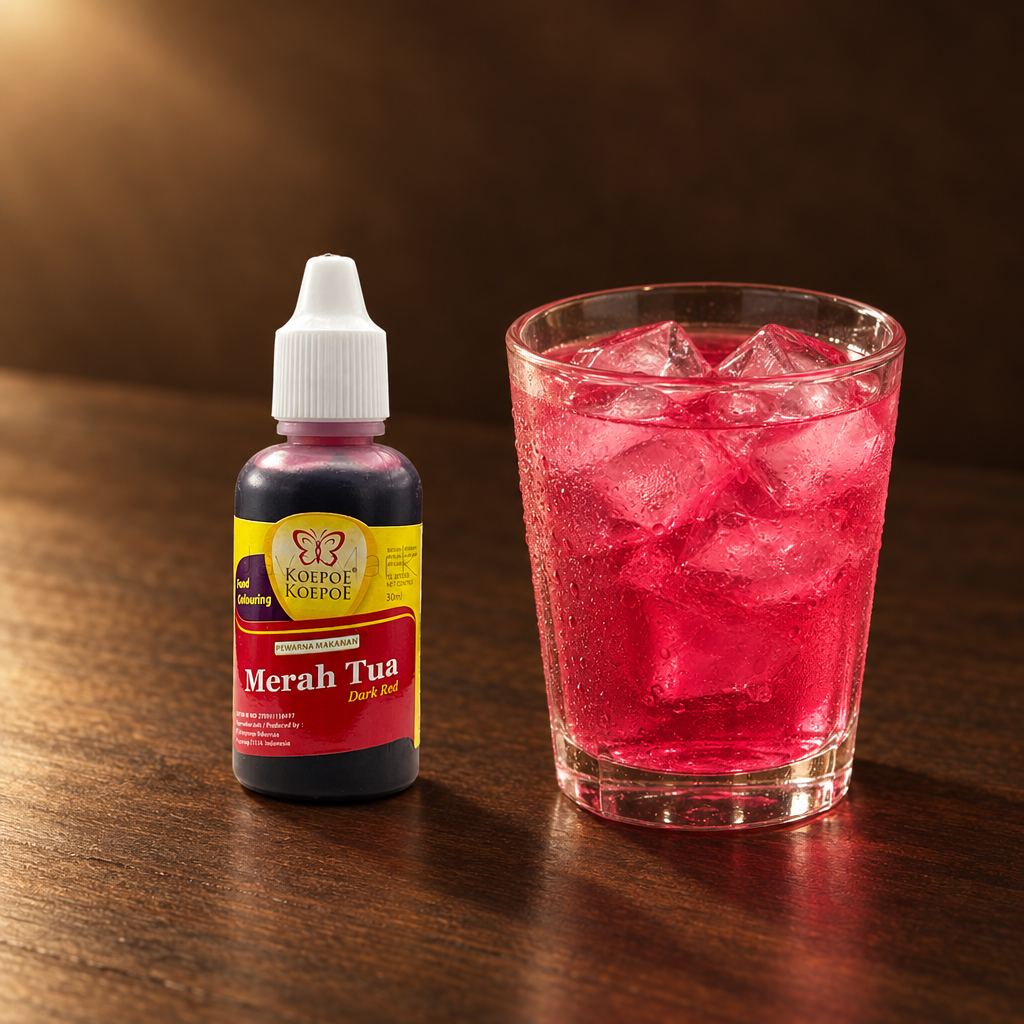 Koepoe Koepoe Pewarna Makanan Merah 40g – Fläschchen mit rosa Getränk
