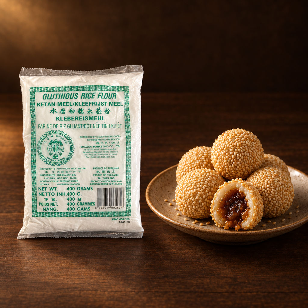 Tepung Ketan Erawan 400 g – Packung mit Onde-Onde