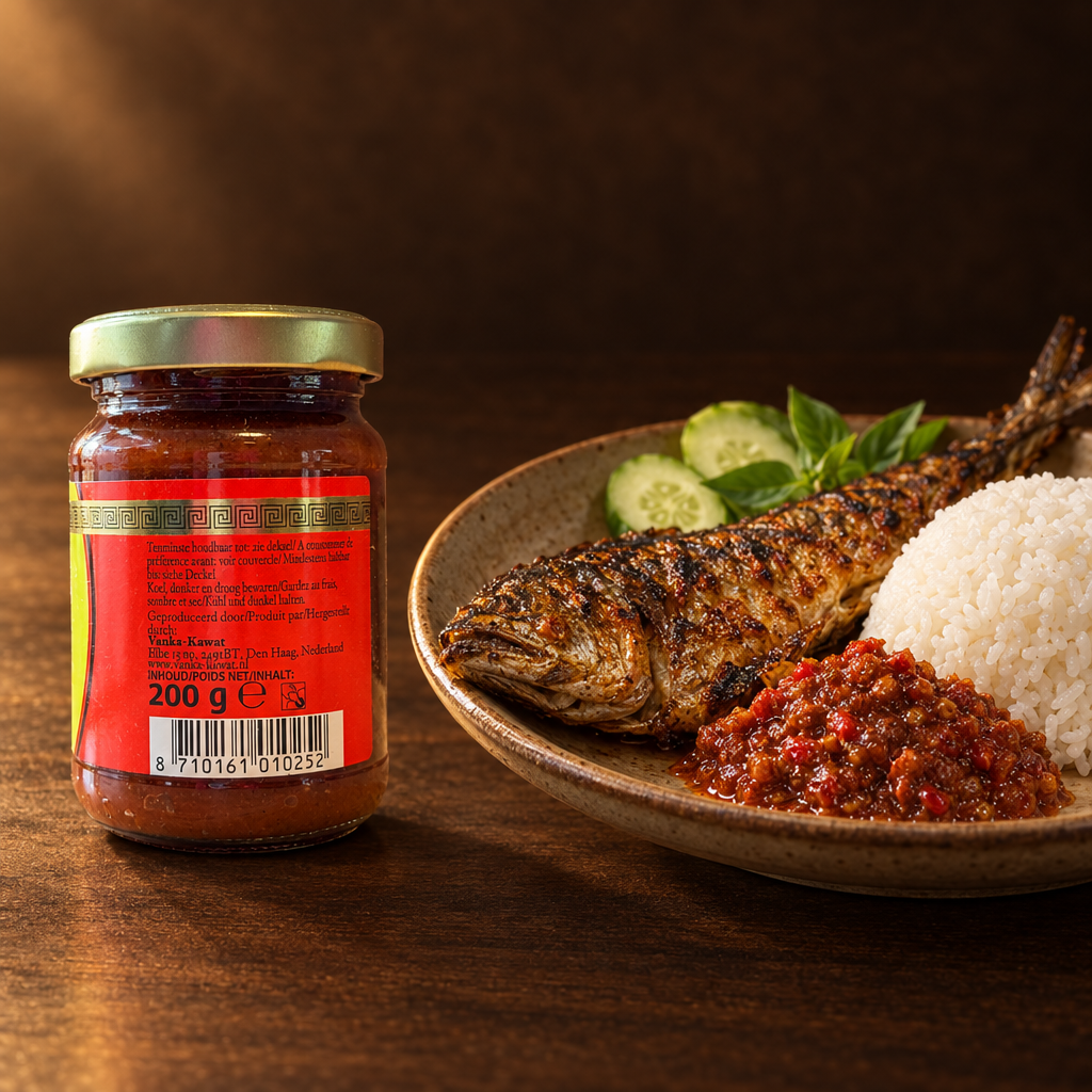Sambal Terasi Flower Brand – Glas mit gegrilltem Fisch und Reis