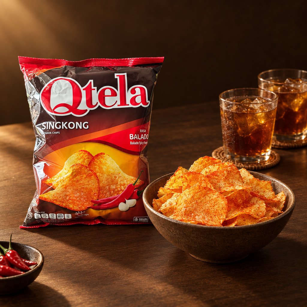 Qtela Keripik Singkong Pedas 100 g – Packung mit großer Snackschale