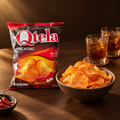 Qtela Keripik Singkong Pedas 100 g – Packung mit großer Snackschale