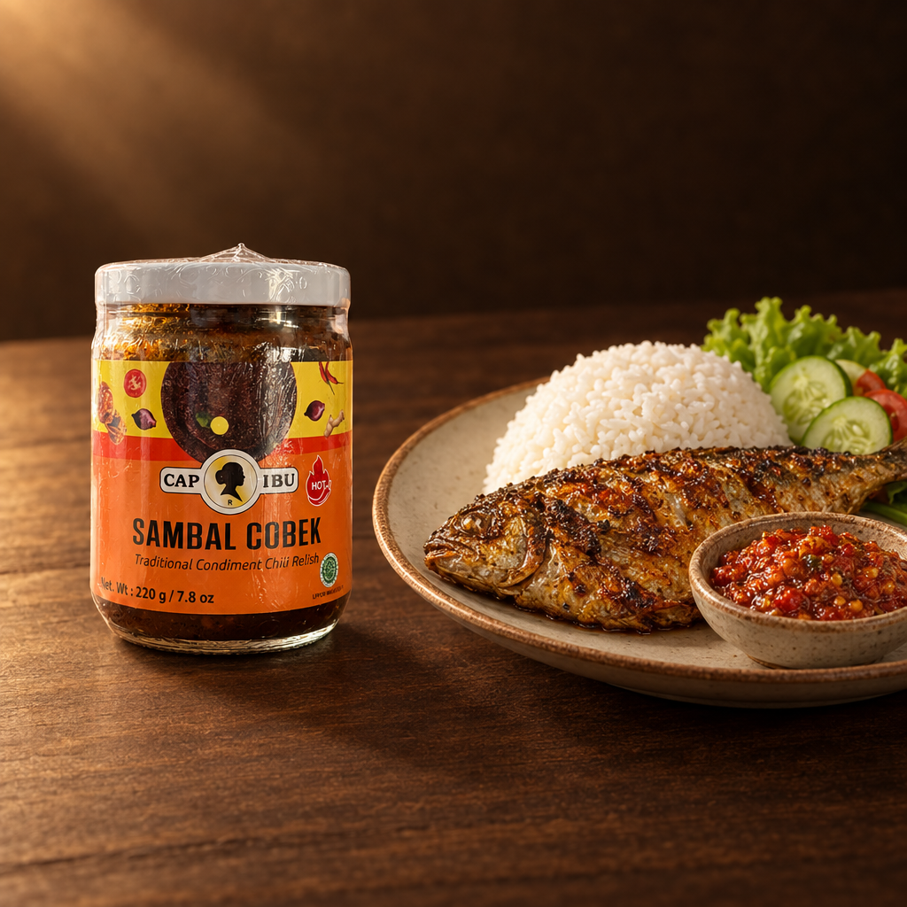 Sambal Cobek Cap Ibu – Glas mit gegrilltem Fisch und Reis