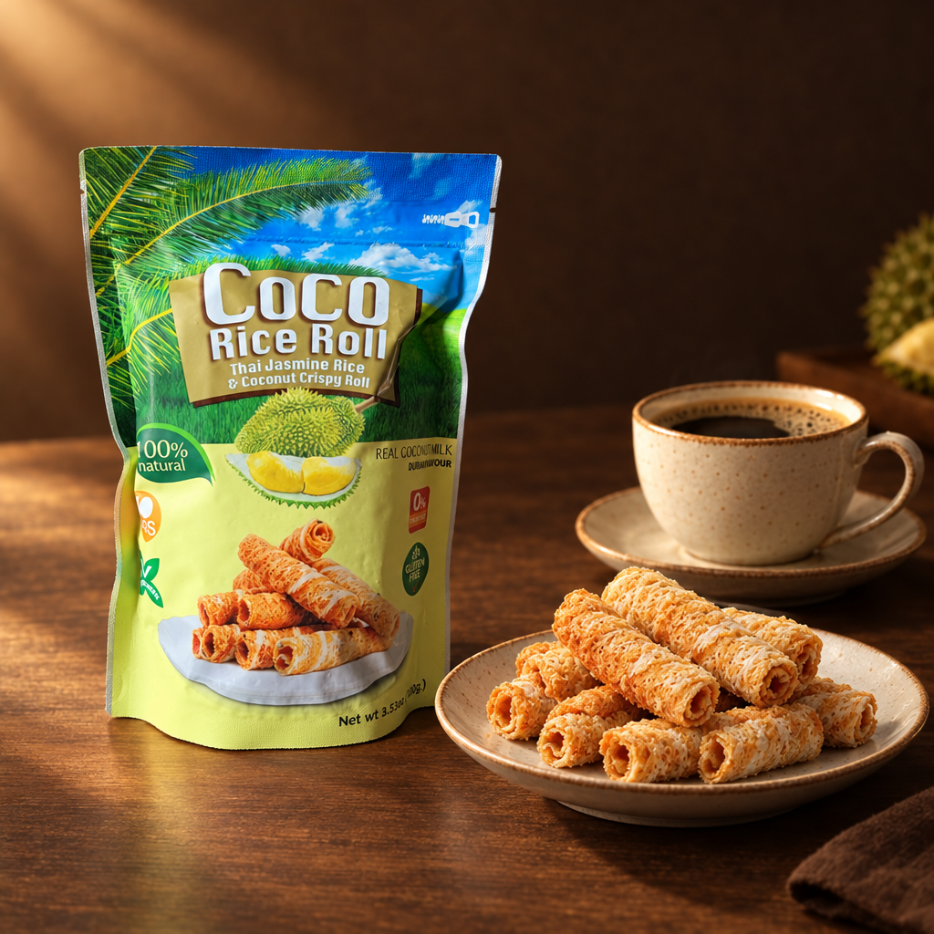 Coco Crispy Rice Roll Durian 100 g – Packung mit Snackteller und Kaffee