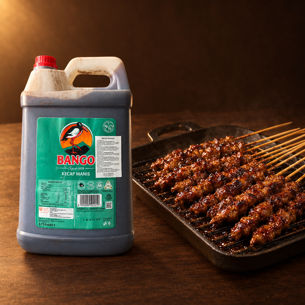 Bango Kecap Manis Jerigen 5 L – Kanister mit Saté-Spießen auf dem Grill
