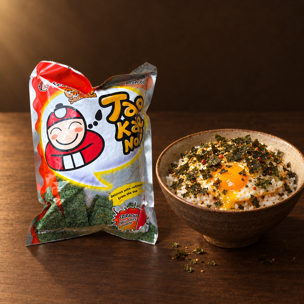 Taokaenoi Crispy Seaweed Sriracha 32 g – Packung mit Reisschale und Algen-Topping