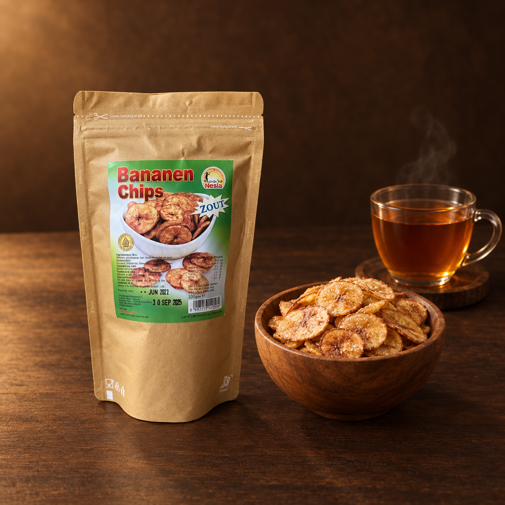 Keripik Pisang Asin 200 g – Packung mit Bananenchips und Tee