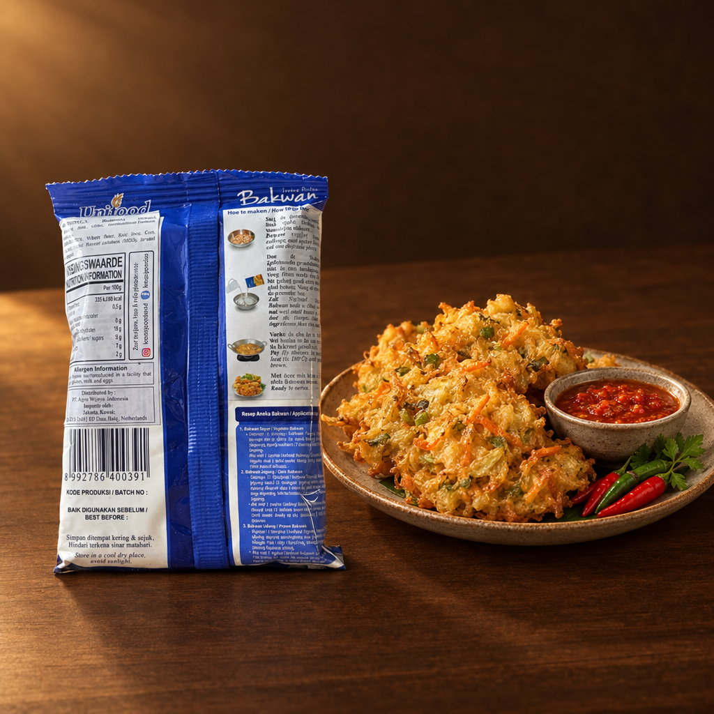 Tepung Bumbu Bakwan Unifood 150 g – Packung mit Bakwan und Chilisauce