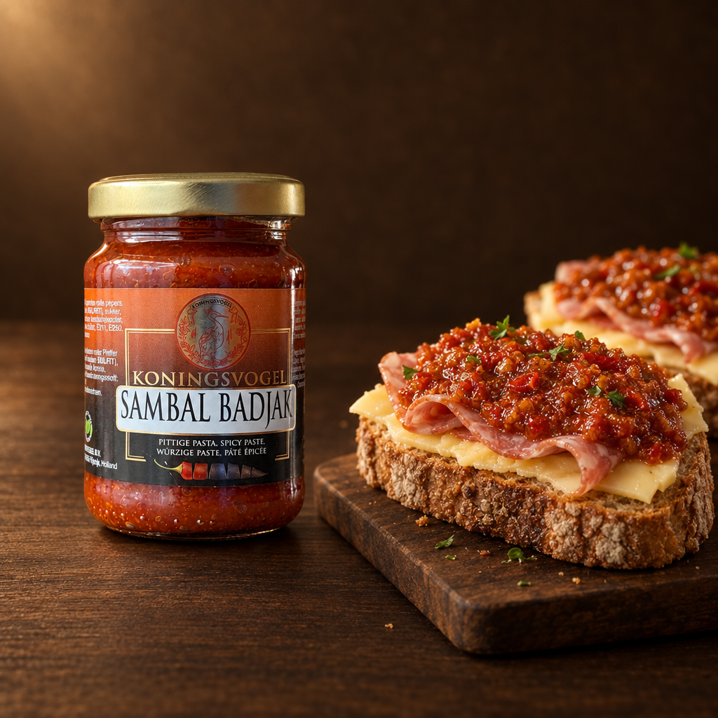 Koningsvogel Sambal Bajak 120 g – Glas mit Brot und Käse als scharfer Aufstrich