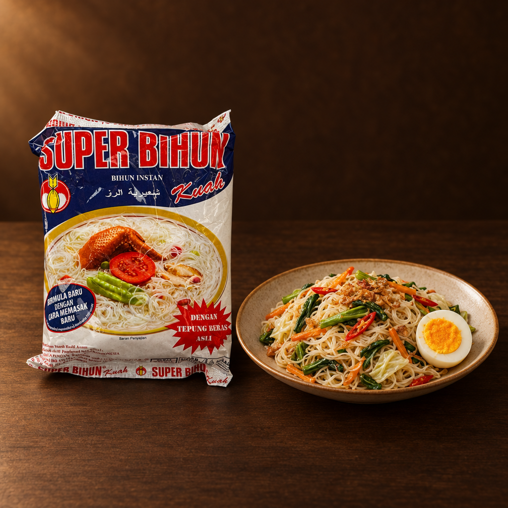 Super Bihun Bihun Instant Kuah 51 g – Packung mit Bihun, Gemüse und Ei