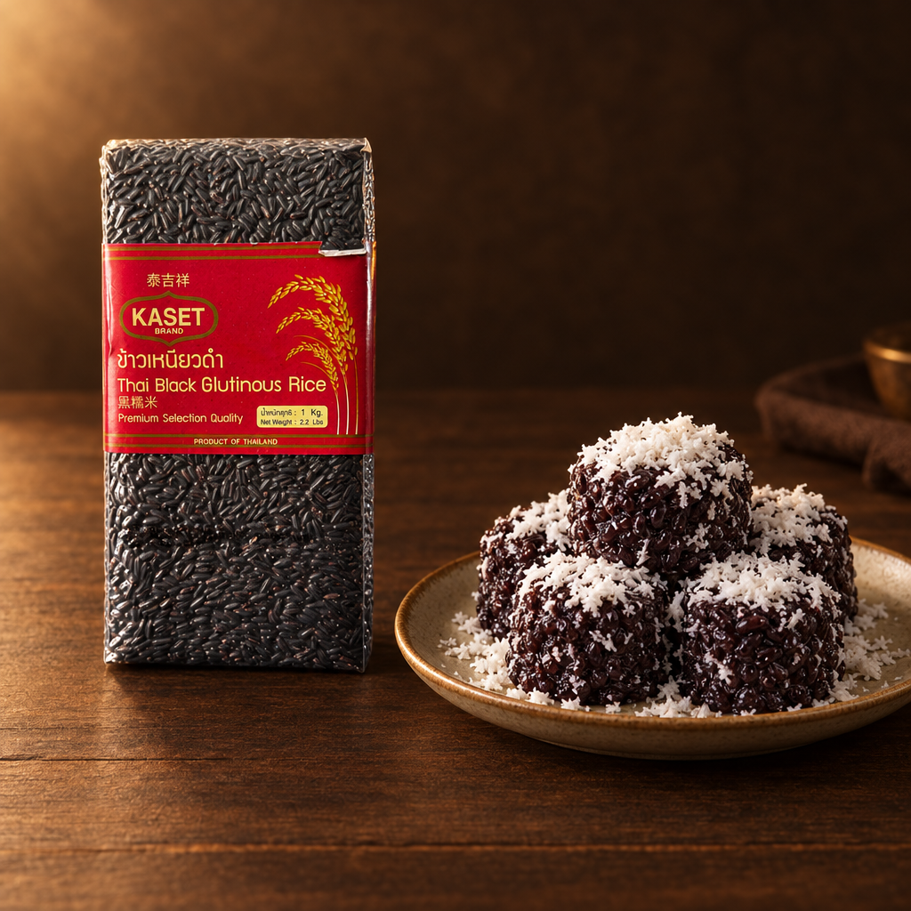Ketan Hitam Kaset Brand 1 kg – Packung mit Klebreis-Kuchen und Kokosraspeln