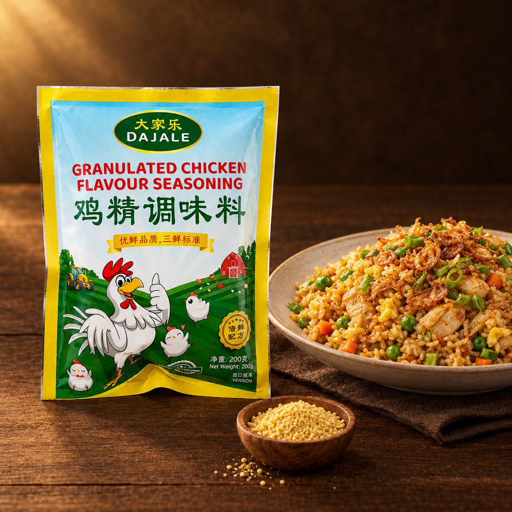 Dajale Penyedap Makanan Rasa Ayam 200 g – Packung mit Nasi Goreng