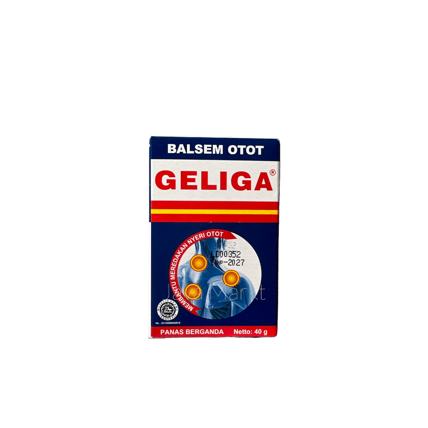 Geliga Balsam Gosok von Nesia Food, 40 g, sichtbar in der Verpackung, ideal bei Muskelverspannungen und Schmerzen.
