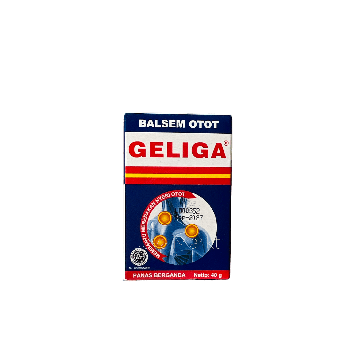 Geliga Balsam Gosok von Nesia Food, 40 g, sichtbar in der Verpackung, ideal bei Muskelverspannungen und Schmerzen.