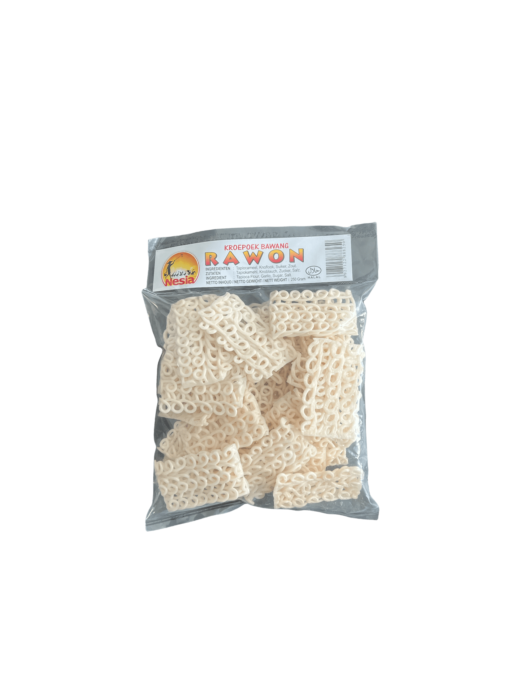 Weiße Kerupuk Rawon Chips von Nesia Food, knusprige indonesische Snacks aus weißem Teig, in einer Schüssel serviert