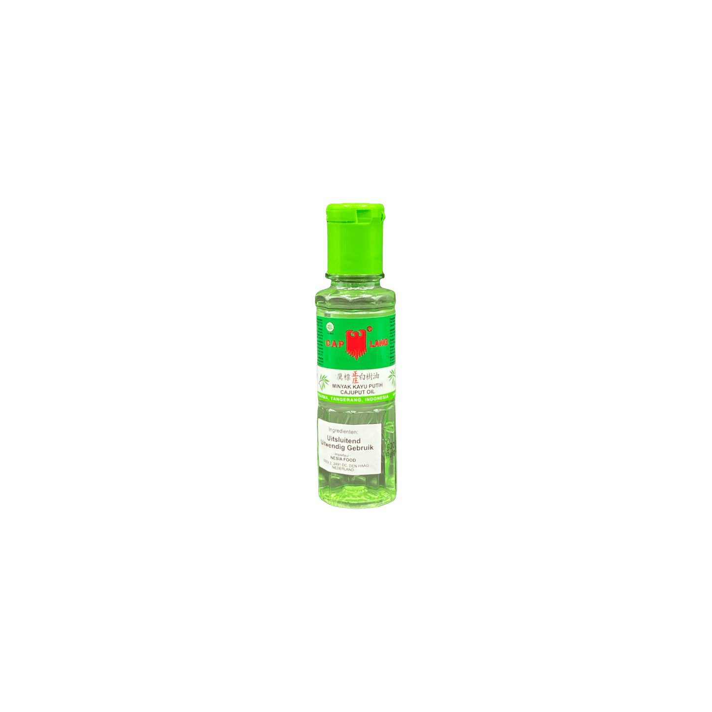 Massageöl Cap Lang mit Minyak Kayu Putih, Nesia Food, in einer Flasche mit weißem Etikett, ideal für Massage und Wohlbefinden