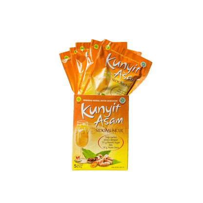 Nesia Sidomuncul Kunyit Asam Getränk in einer Flasche mit gelber Flüssigkeit und Kunjit-Asa-Label auf dem Etikett