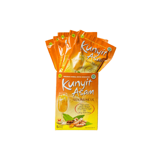 Nesia Sidomuncul Kunyit Asam Getränk in einer Flasche mit gelber Flüssigkeit und Kunjit-Asa-Label auf dem Etikett