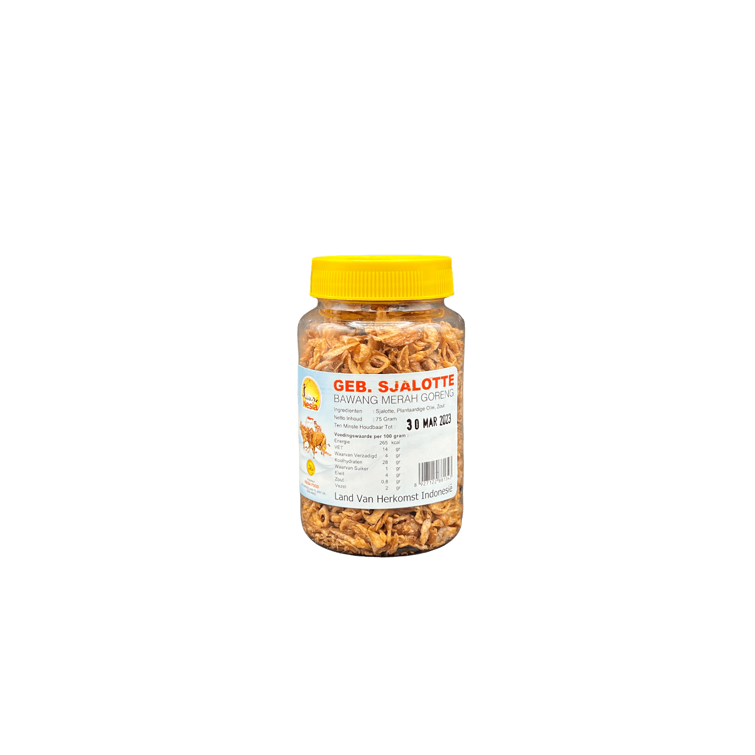 Knusprige Bawang Merah Goreng von Nesia Food als Lebensmittel, goldbraun gebraten und in einer Verpackung sichtbar