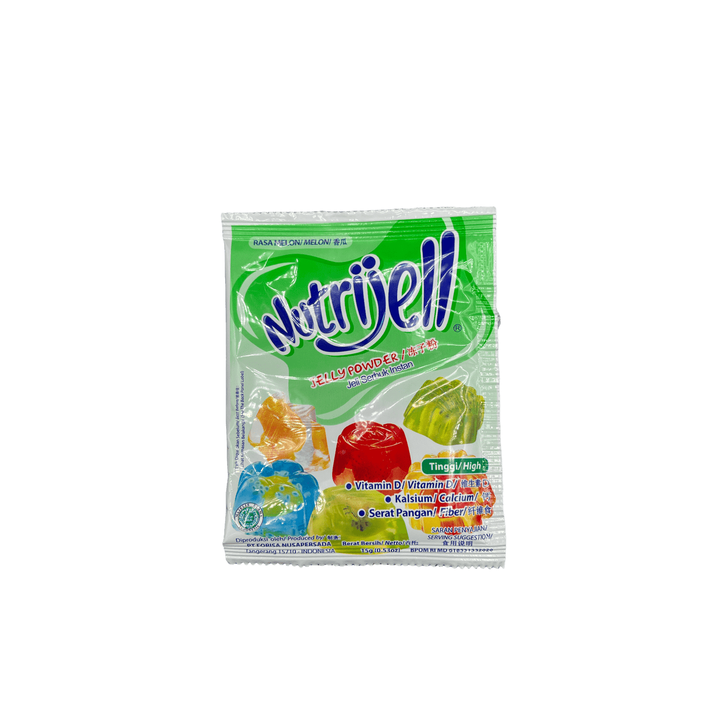 Nesia Food Nutrijell Gelee-Pulver mit Melonengeschmack, Lebensmittel, Nahaufnahme der Verpackung und Pulver in einer Schüssel