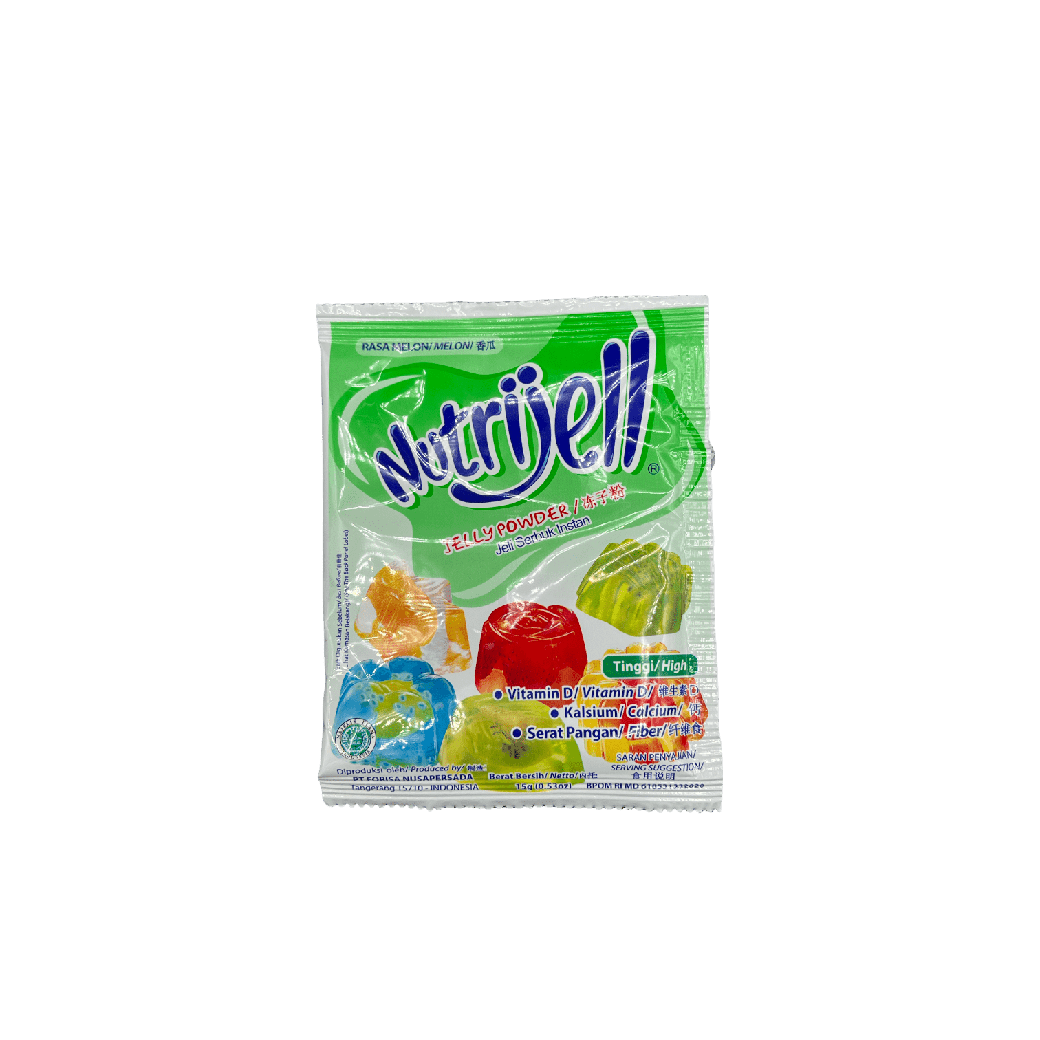 Nesia Food Nutrijell Gelee-Pulver mit Melonengeschmack, Lebensmittel, Nahaufnahme der Verpackung und Pulver in einer Schüssel